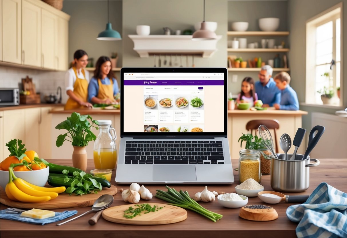 A cozy kitchen with a laptop open to a recipe website, surrounded by ingredients and cooking utensils, while a family gathers around the table in the background