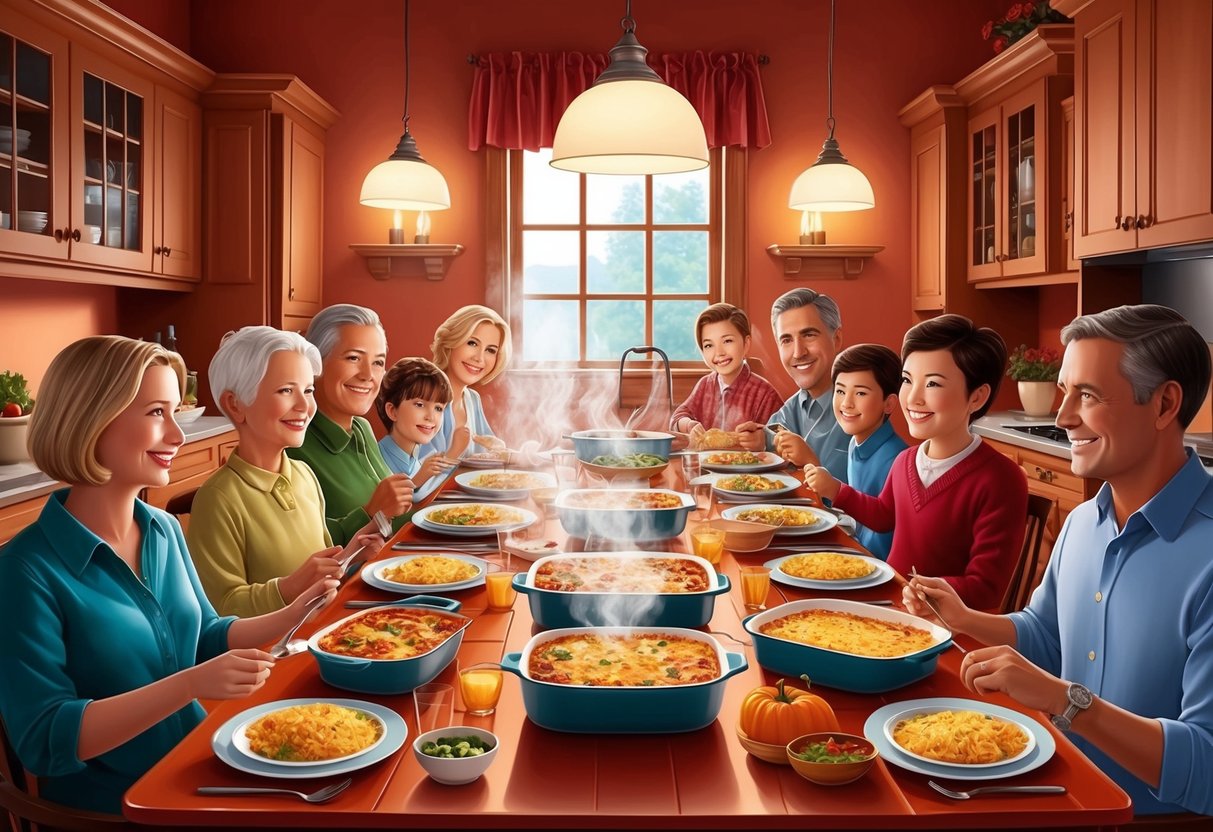 A warm, inviting kitchen table set with steaming casserole dishes and a cozy family gathered around for dinner
