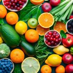A vibrant array of colorful fruits and vegetables, including berries, citrus, and leafy greens, are arranged in a bountiful display