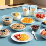 A kitchen counter with a variety of prepped breakfast items in containers, such as overnight oats, yogurt parfaits, and sliced fruit