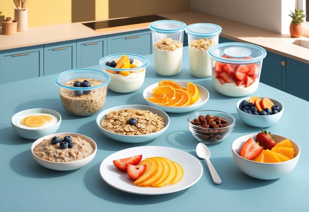 A kitchen counter with a variety of prepped breakfast items in containers, such as overnight oats, yogurt parfaits, and sliced fruit