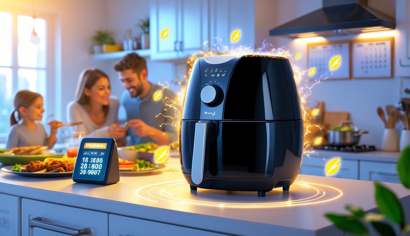 A modern kitchen with an air fryer on the countertop emitting glowing symbols representing energy savings, while a family enjoys a meal in the background.