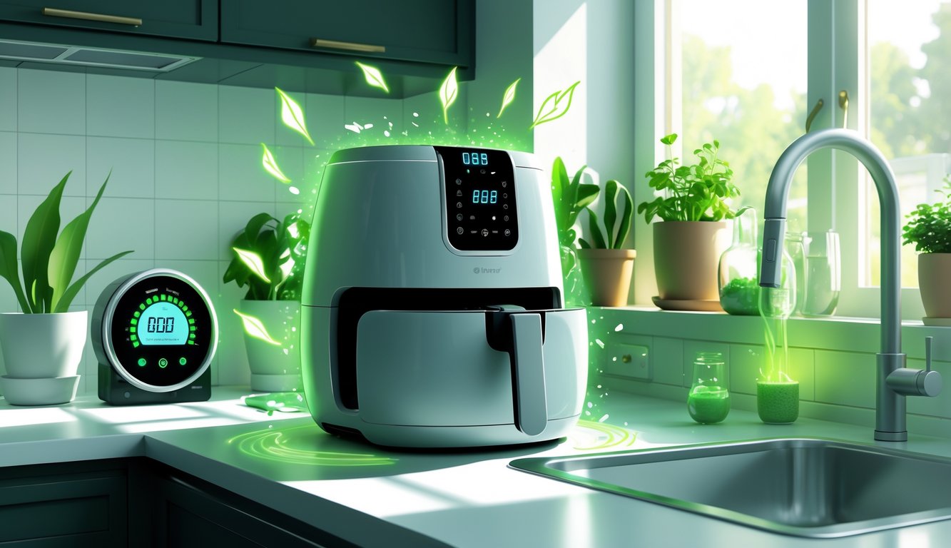 A modern kitchen countertop with a sleek air fryer surrounded by green energy symbols and a digital energy meter showing reduced consumption, with plants and natural light in the background.