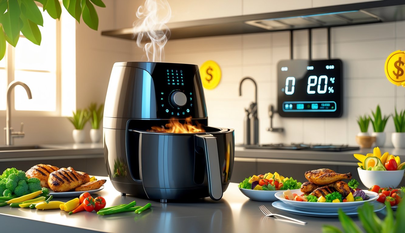 A kitchen scene showing an air fryer cooking healthy food with fresh vegetables nearby and an energy meter indicating reduced energy use.