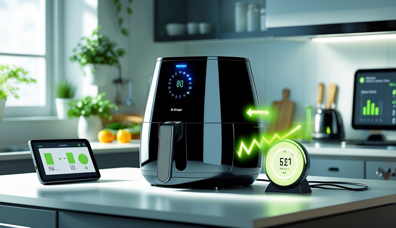A modern kitchen with an air fryer on the counter, a digital energy meter showing reduced electricity use, and a smartphone displaying energy monitoring.