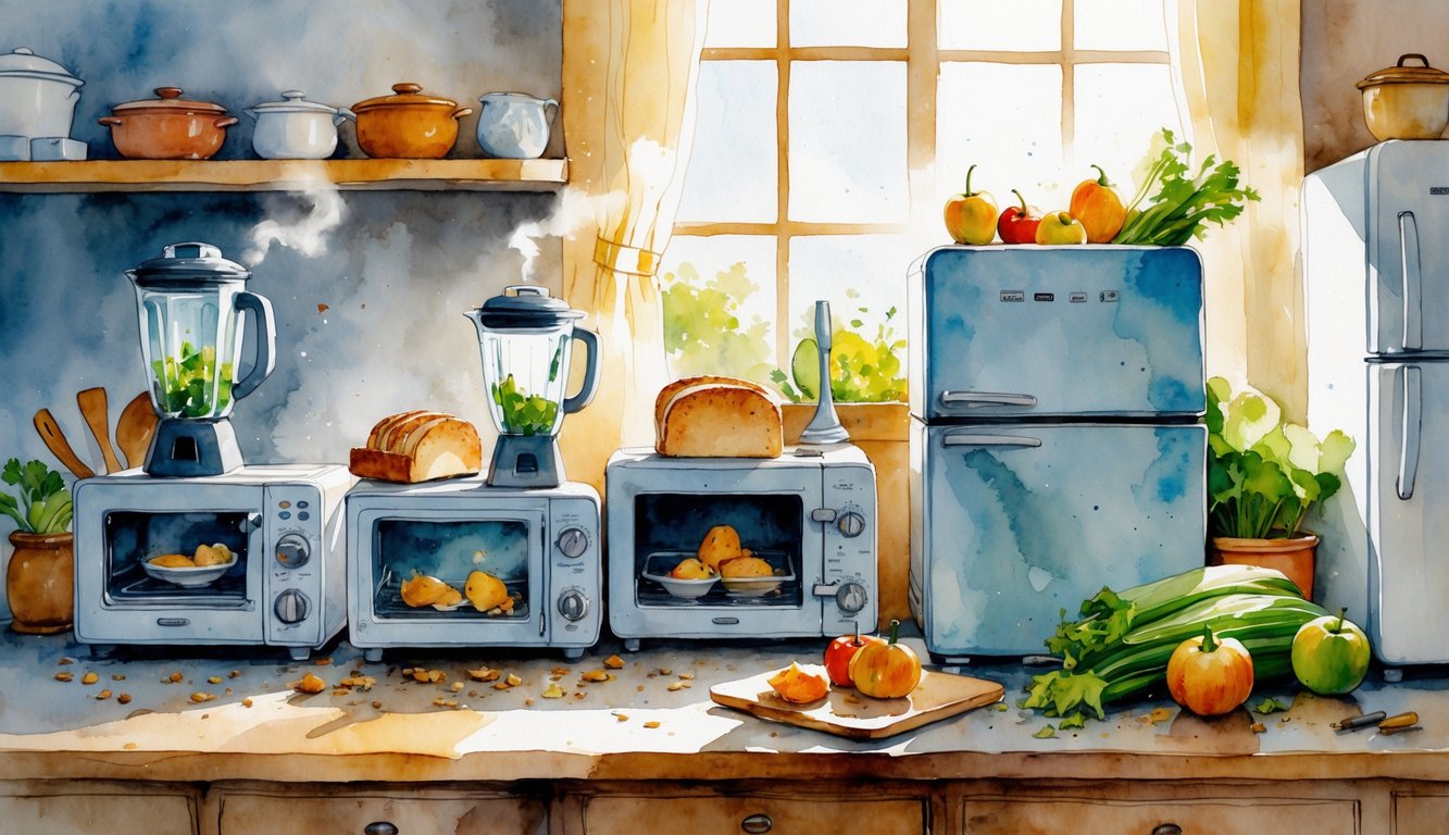 A kitchen countertop with various appliances showing signs of misuse, including an overfilled blender, burnt toaster crumbs, an open microwave door with steam, and an open refrigerator with wilting vegetables.