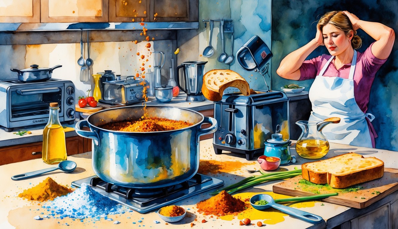 A cluttered kitchen with spilled spices, burnt toast popping from a toaster, a blender splattering sauce, and a frustrated cook surrounded by cooking messes.