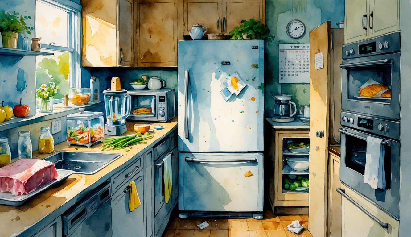 A cluttered kitchen showing raw meat uncovered on the counter, vegetables left in sunlight, an open refrigerator with spoiled food, a cracked blender jar, a messy microwave, and an open oven door.