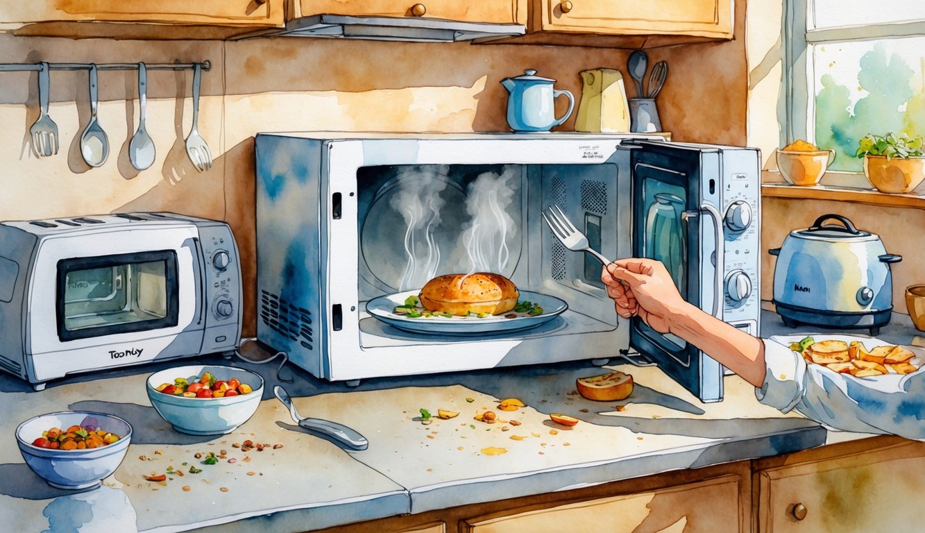 A kitchen scene showing a microwave with steam coming from a plate inside, a hand holding a metal fork near the microwave, and various kitchen appliances with signs of cooking mistakes.
