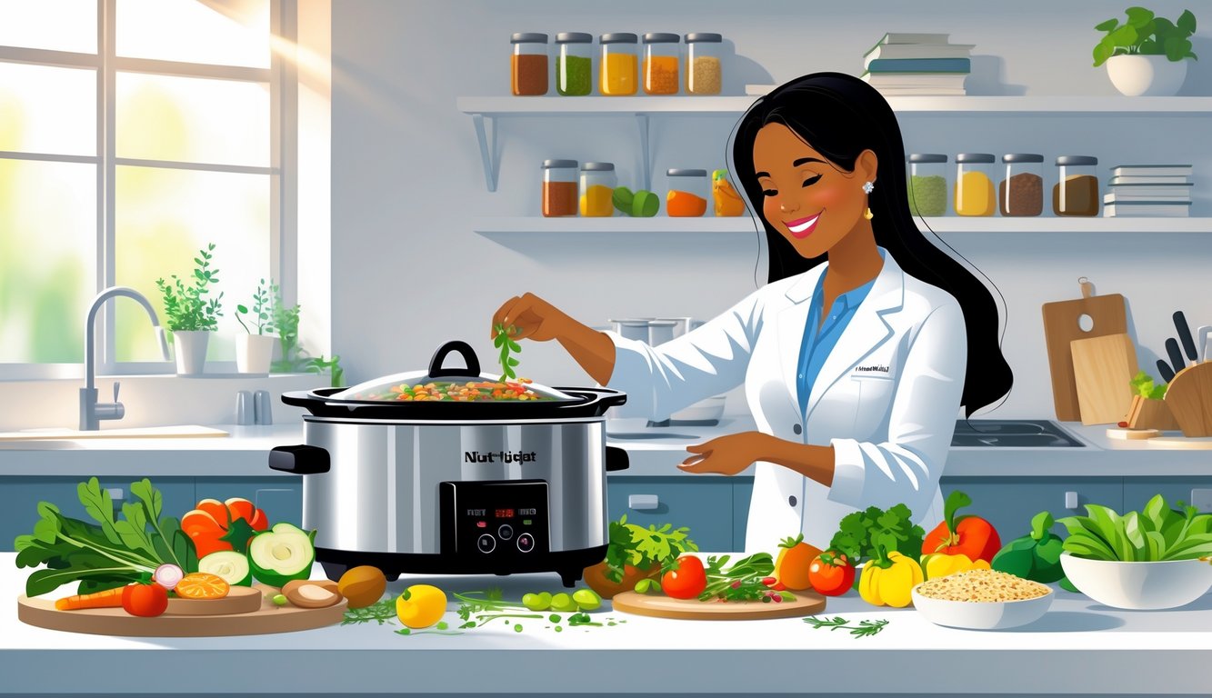 A nutritionist adding fresh ingredients into a slow cooker in a bright kitchen with vegetables and herbs on the counter.
