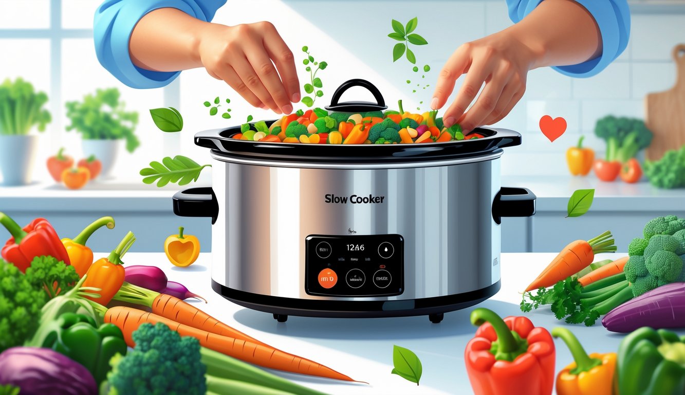 A slow cooker filled with fresh vegetables on a kitchen counter, with hands adding ingredients, surrounded by subtle health and nutrition icons.