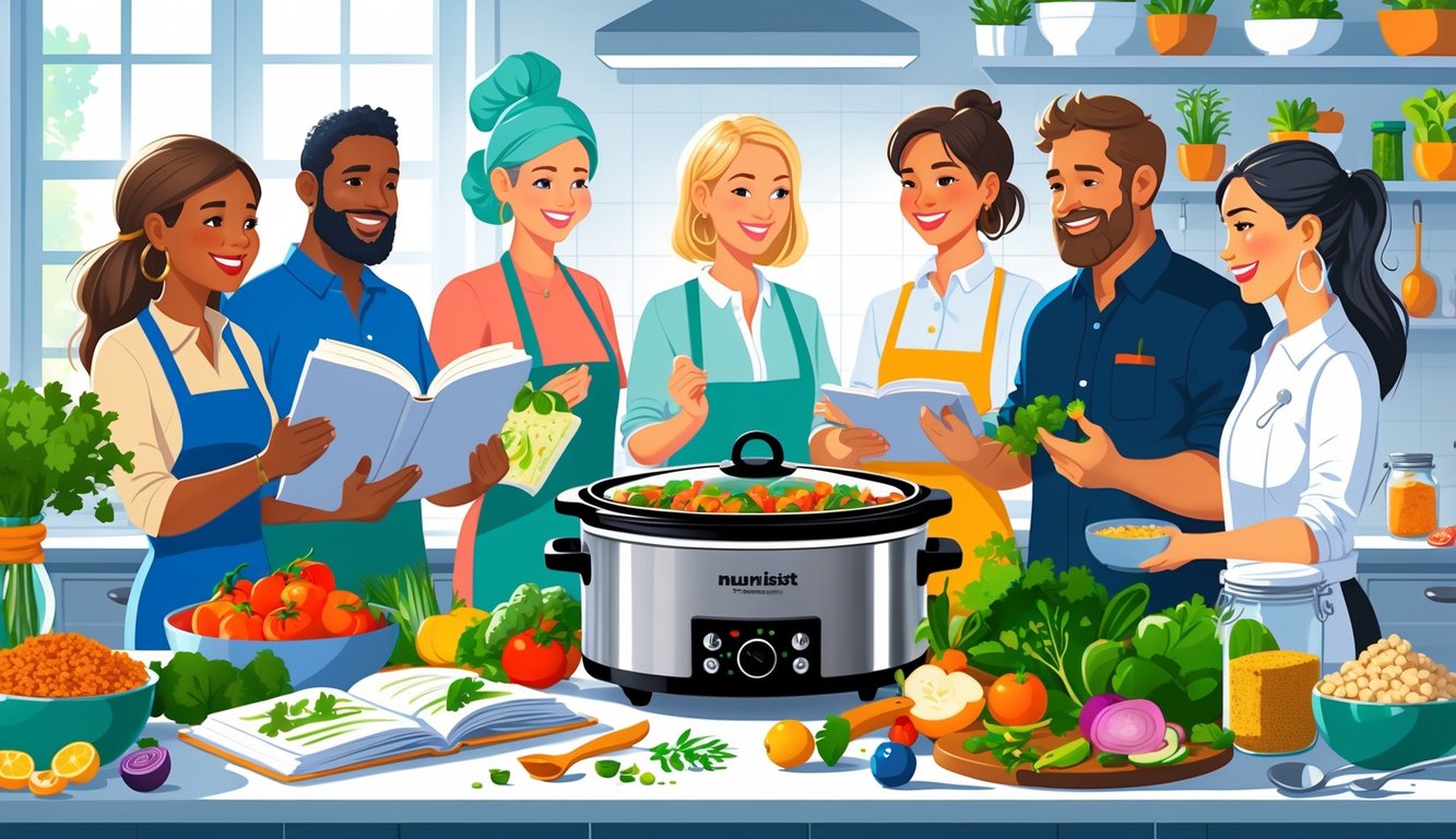 A kitchen scene with a slow cooker surrounded by fresh vegetables and nutritionists preparing healthy meals together.