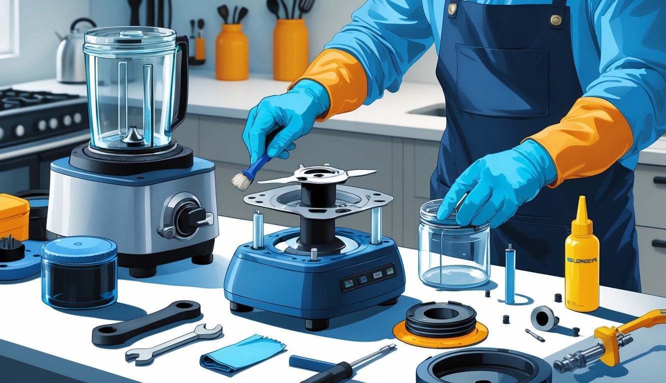 Close-up of hands cleaning and repairing a disassembled blender with tools on a workbench.