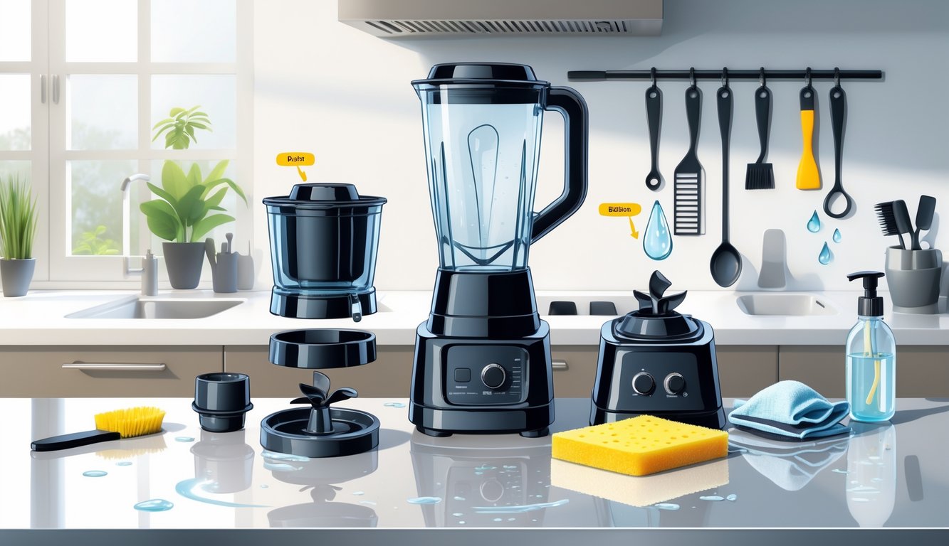 Disassembled blender parts on a kitchen counter with cleaning tools, showing steps to clean and maintain the blender.