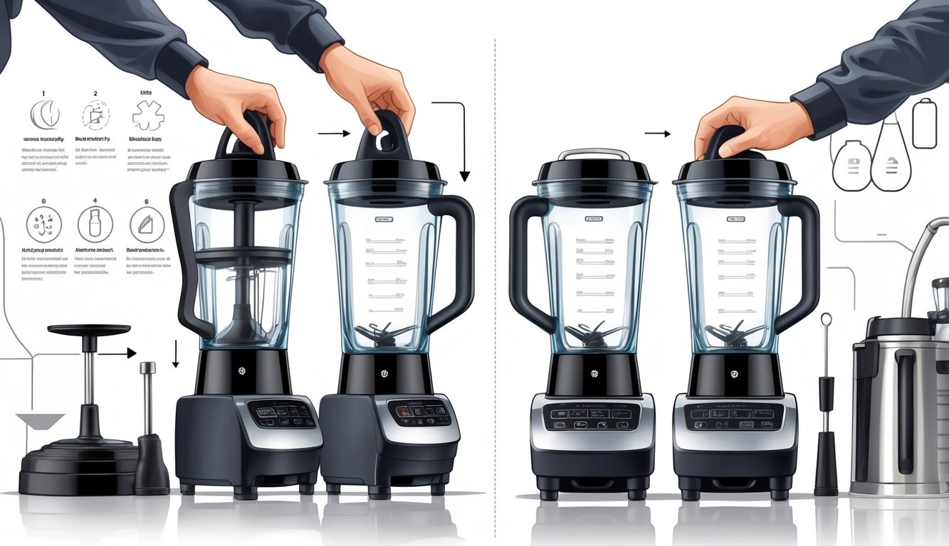 An illustration showing hands disassembling and reassembling a blender with detailed parts and maintenance icons.