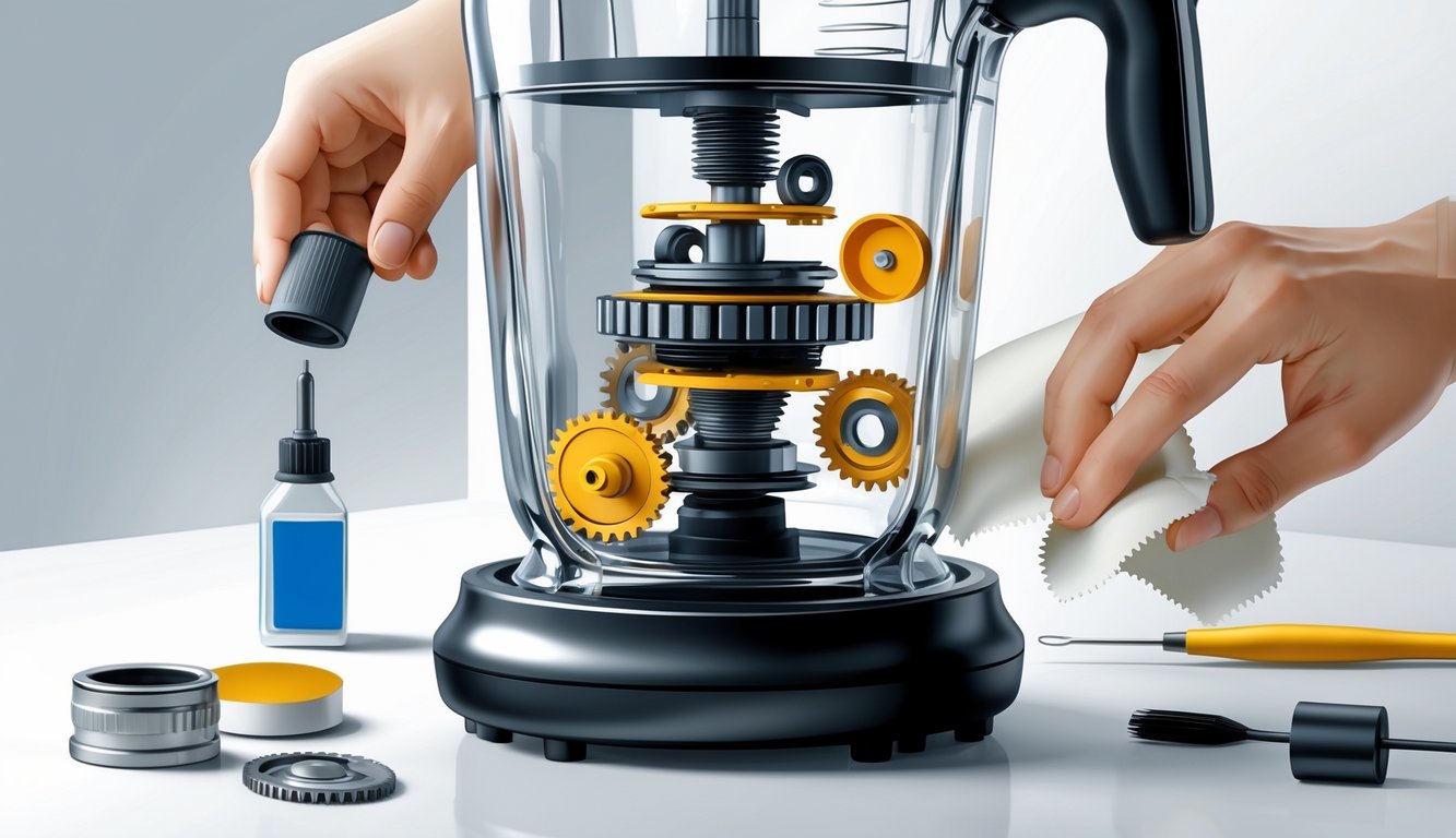 An illustration showing the internal moving parts of a blender being lubricated and cleaned with maintenance tools nearby.
