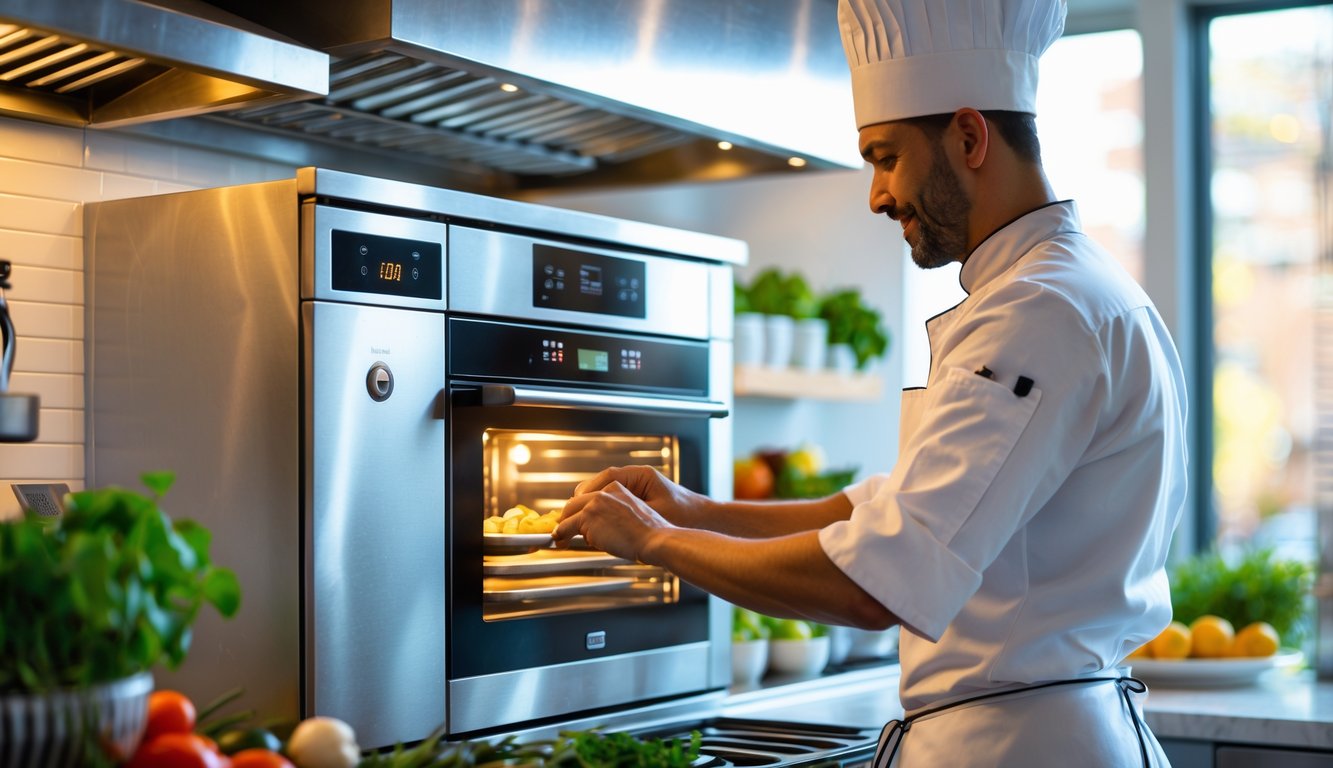 Chef adjusting the digital control panel on a modern oven in a bright kitchen with fresh ingredients on the countertop.