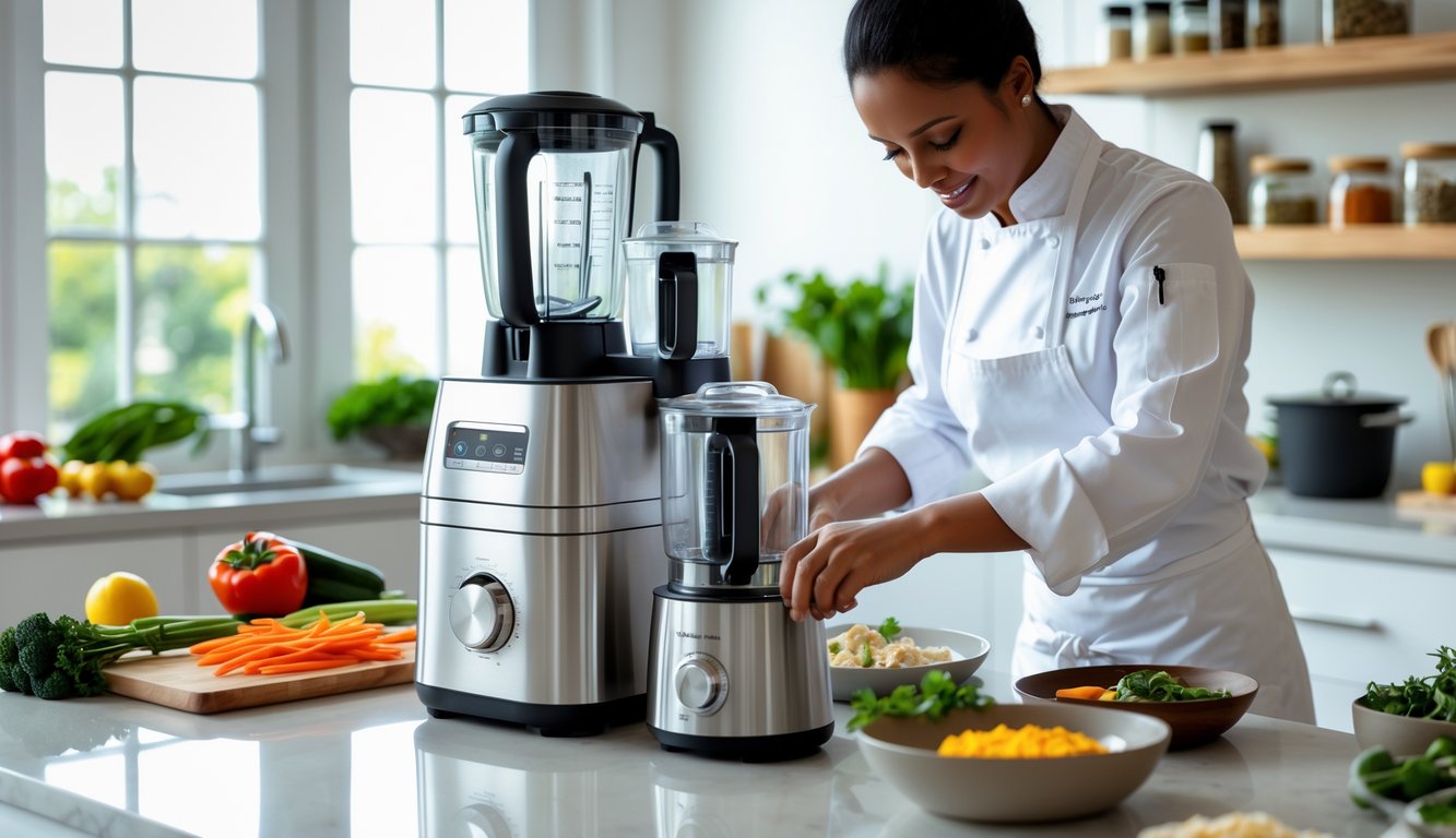 A chef in a modern kitchen using a multi-functional kitchen appliance with various attachments, surrounded by fresh ingredients and cooking tools.