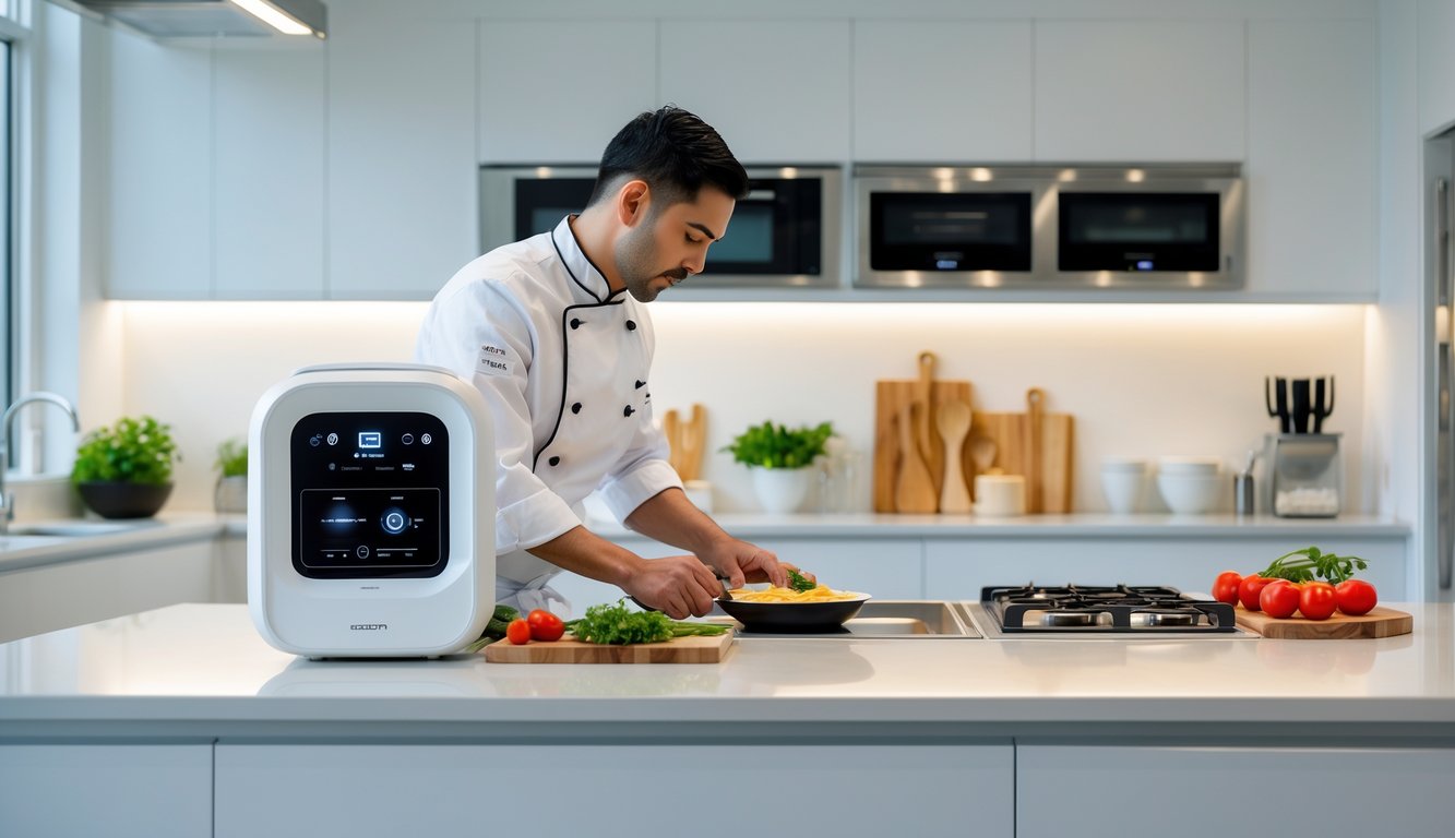 A chef preparing food in a modern kitchen with built-in appliances and organized countertops.