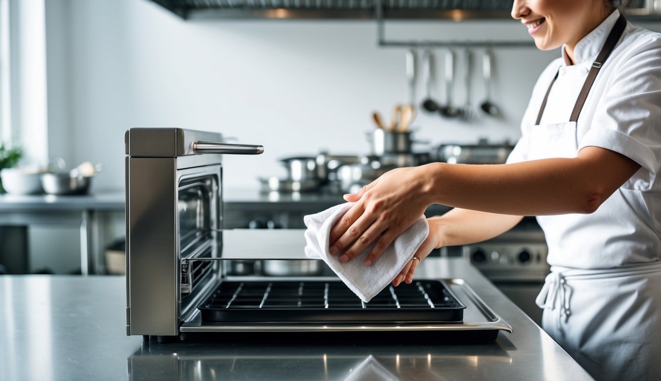 Chef wiping a stainless steel kitchen appliance in a clean commercial kitchen.