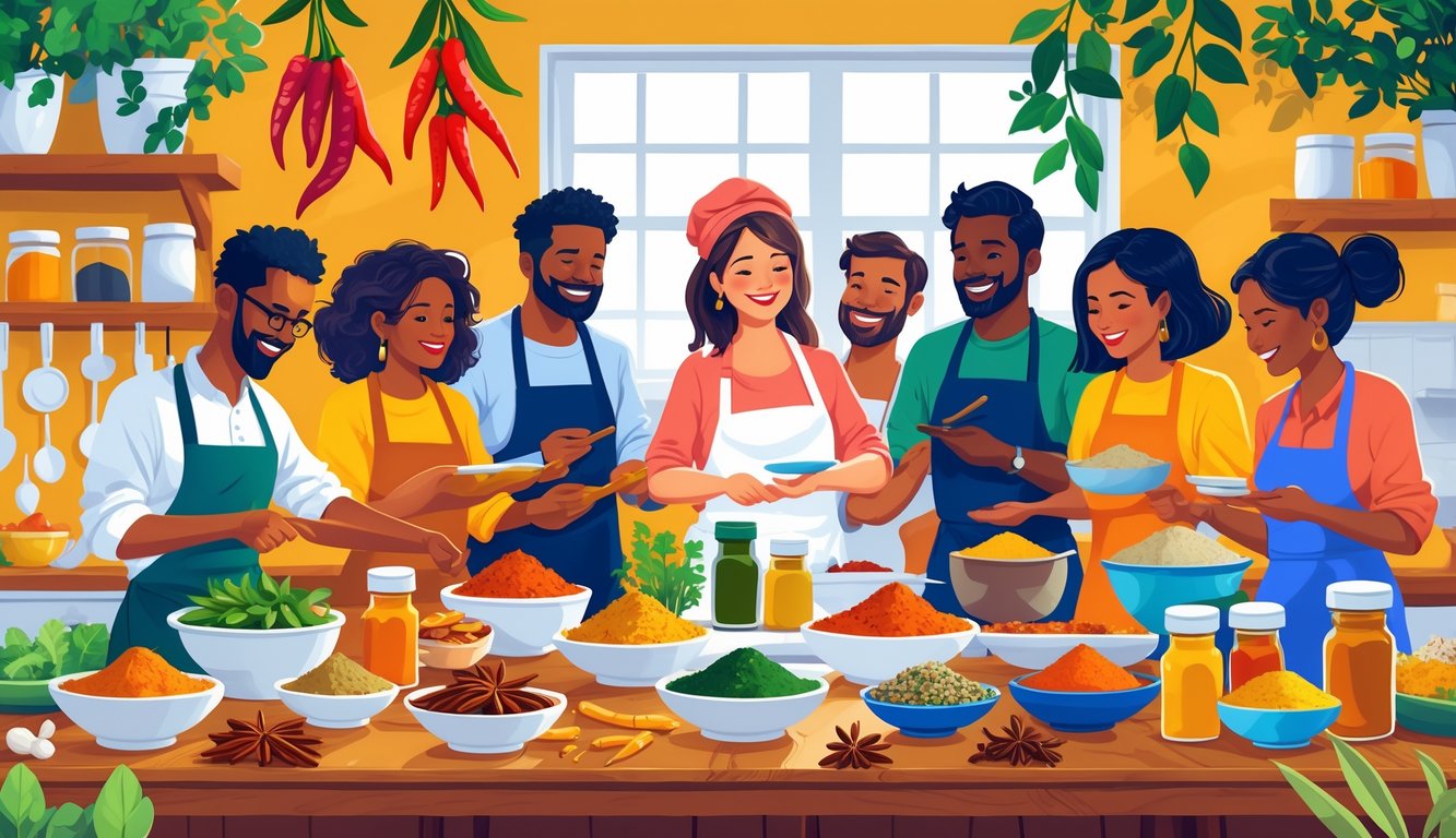 A group of diverse home cooks preparing food together in a kitchen filled with various colorful spices and herbs.