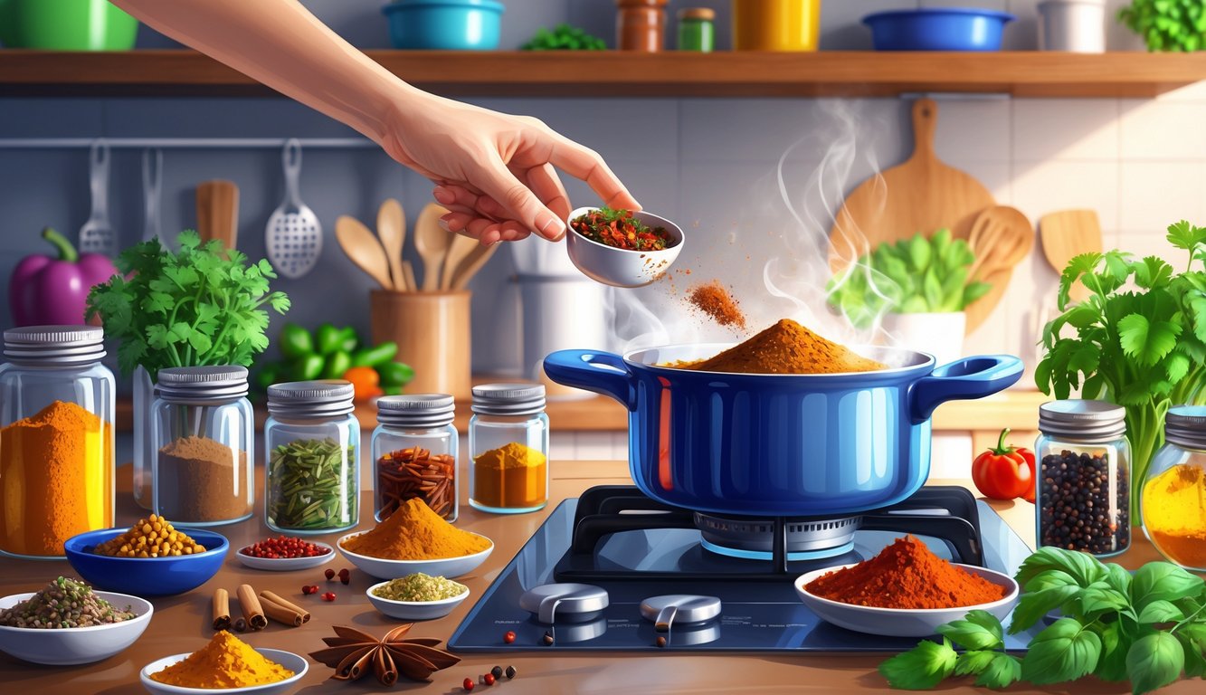 A home kitchen countertop with various colorful spices in jars and bowls, a person adding spices to a pot on the stove, surrounded by fresh herbs and cooking utensils.