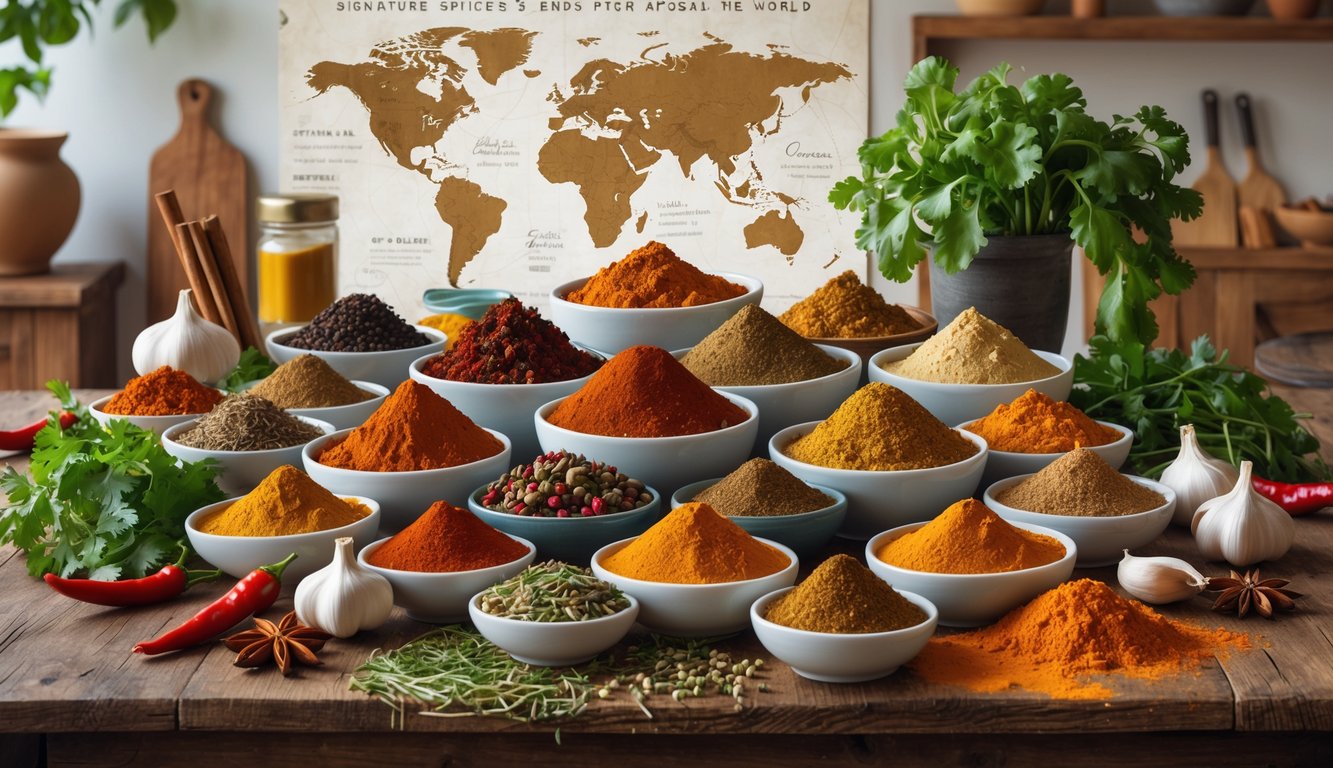 A kitchen table with various colorful spices in bowls and jars, surrounded by fresh herbs and ingredients, with faint world maps in the background indicating their global origins.
