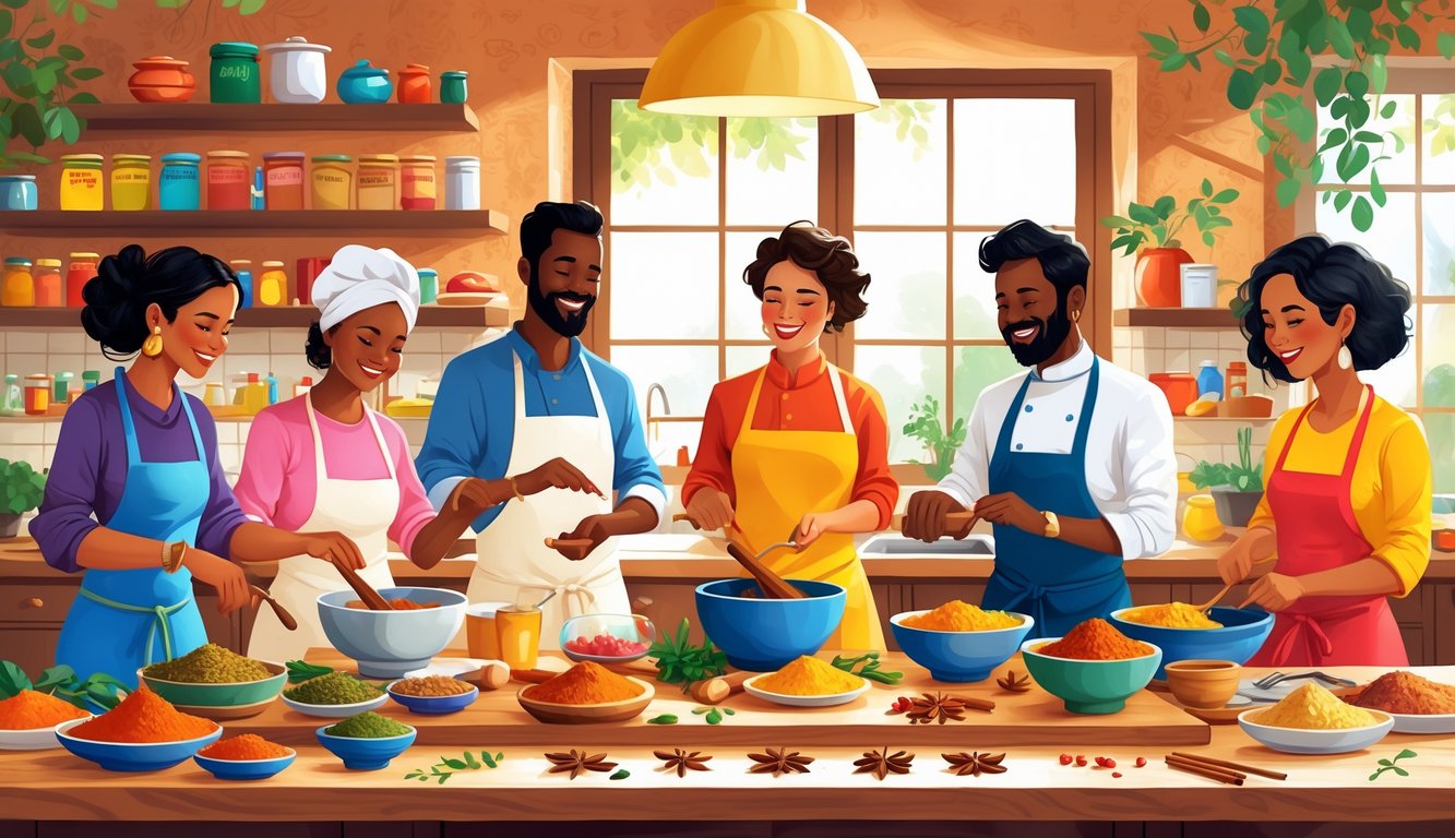 A group of diverse home cooks preparing food together in a kitchen surrounded by various colorful spices and cooking ingredients.