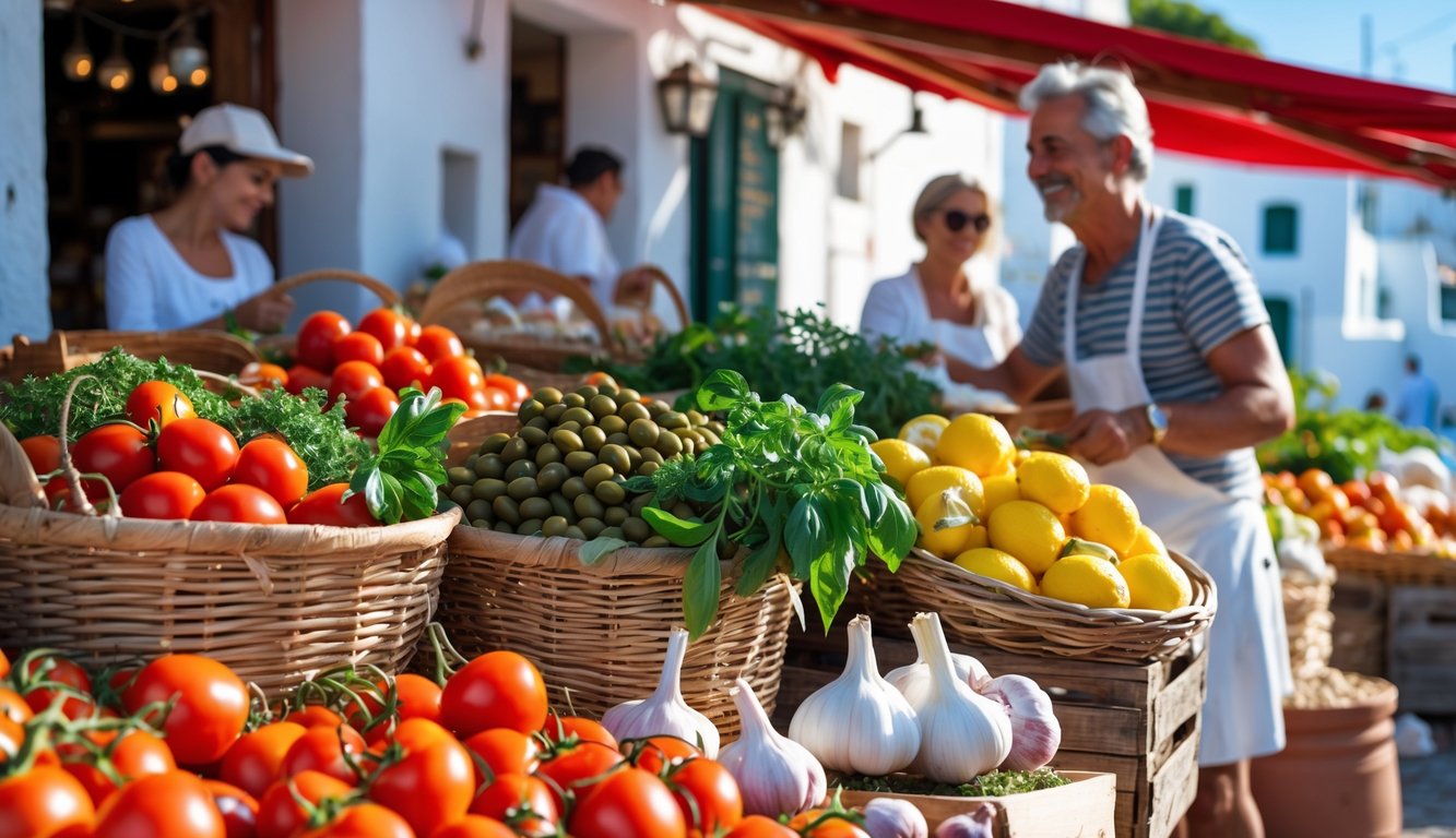 An outdoor Mediterranean market with fresh tomatoes, olives, lemons, herbs, bread, and a local vendor interacting with customers under bright sunlight.