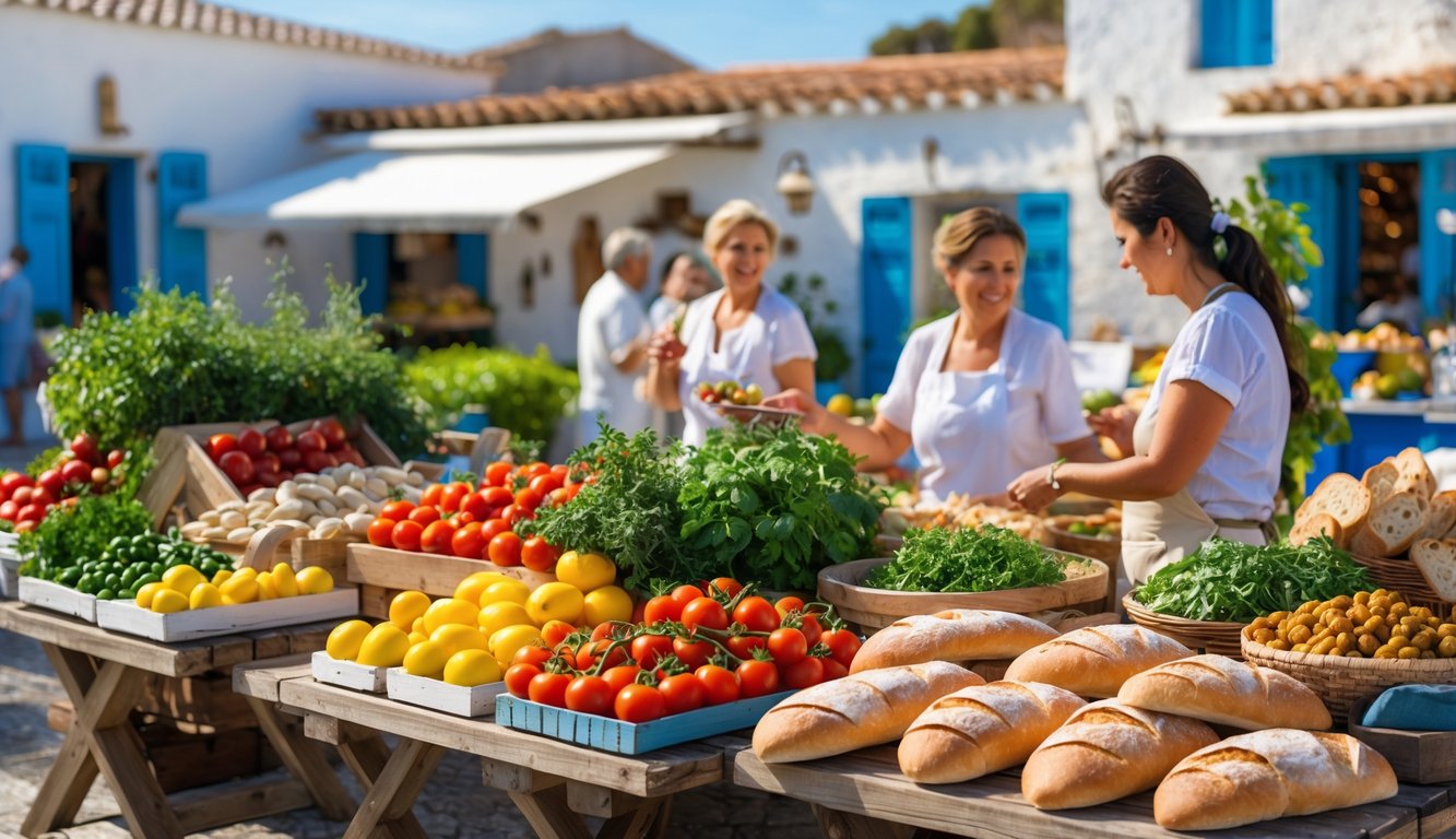 An outdoor Mediterranean market with fresh produce, bread, and herbs displayed on wooden tables, surrounded by local vendors and whitewashed buildings.