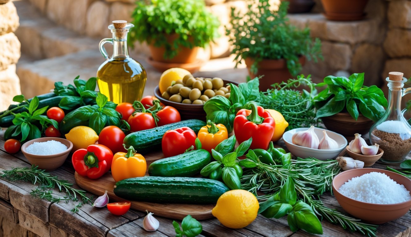 A rustic kitchen table filled with fresh Mediterranean vegetables, herbs, olive oil, garlic, and lemons, with sunlit stone walls and potted herbs in the background.
