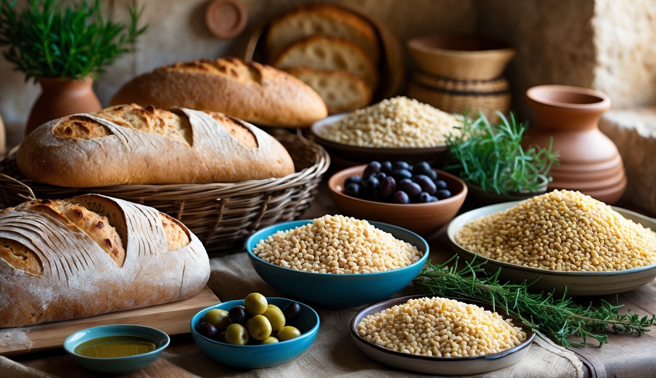 A table with various breads, bowls of grains, olive oil, olives, and fresh herbs arranged in a Mediterranean kitchen setting.