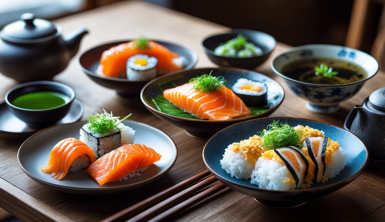 A Japanese dinner spread on a wooden table with sushi, sashimi, miso soup, tempura, rice, and green tea.