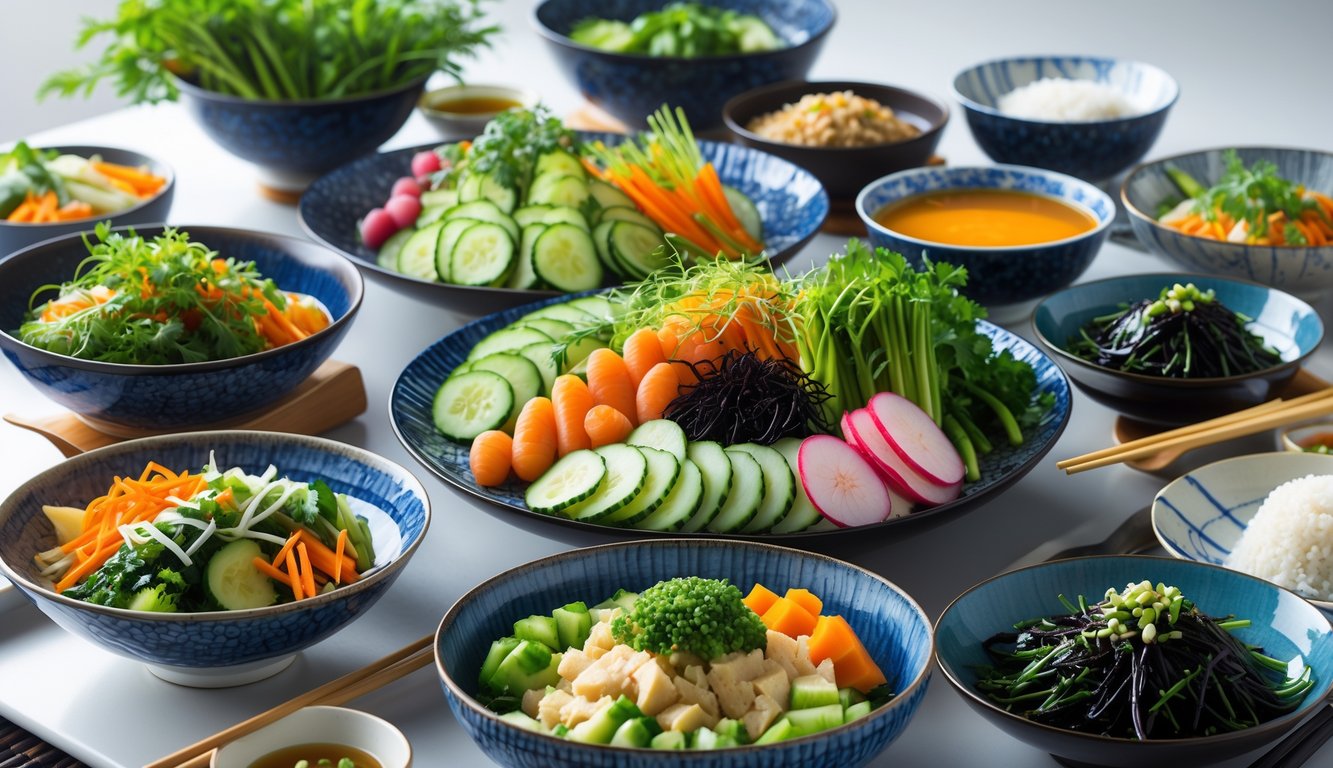 A table with a variety of fresh vegetables and traditional Japanese plant-based dishes arranged in bowls and plates with chopsticks.