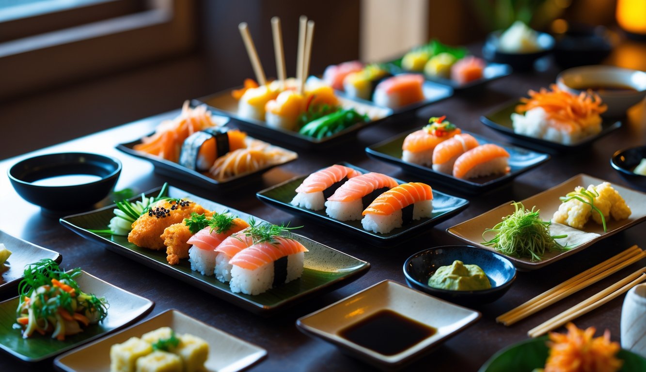 A Japanese dining table with various small plates of food arranged for sharing, including sushi, tempura, and dipping sauces.