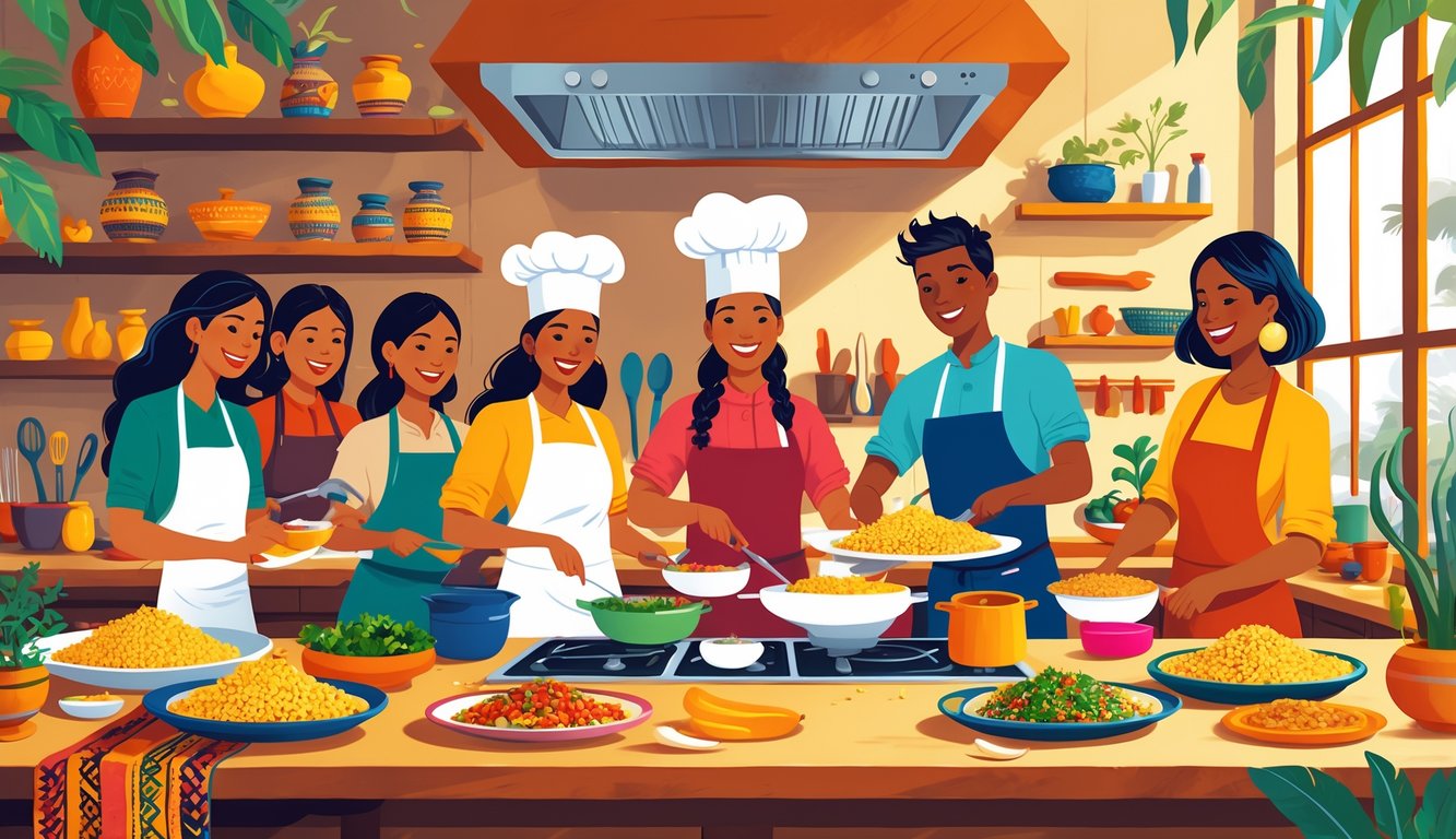 A group of people cooking together in a South American kitchen, preparing traditional dishes with modern ingredients and tools.