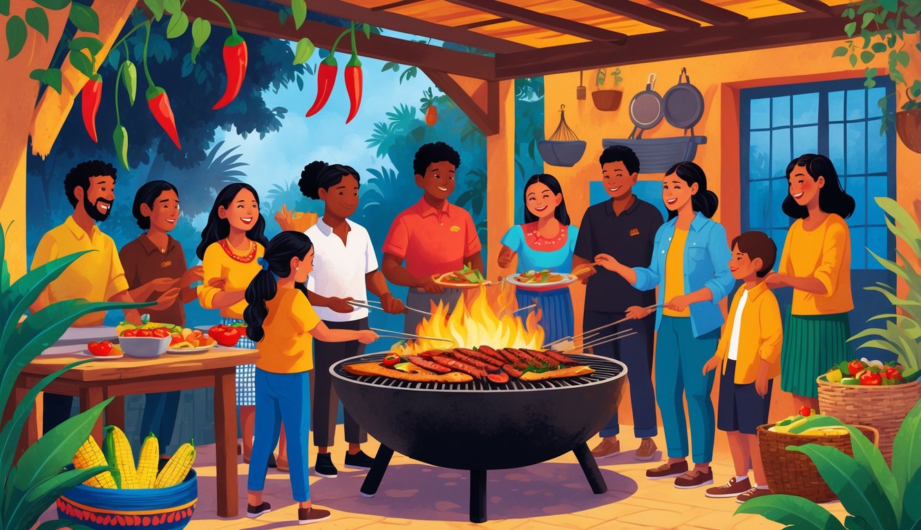 People gathered around a large grill outdoors, cooking and sharing food together in a lively South American kitchen setting.