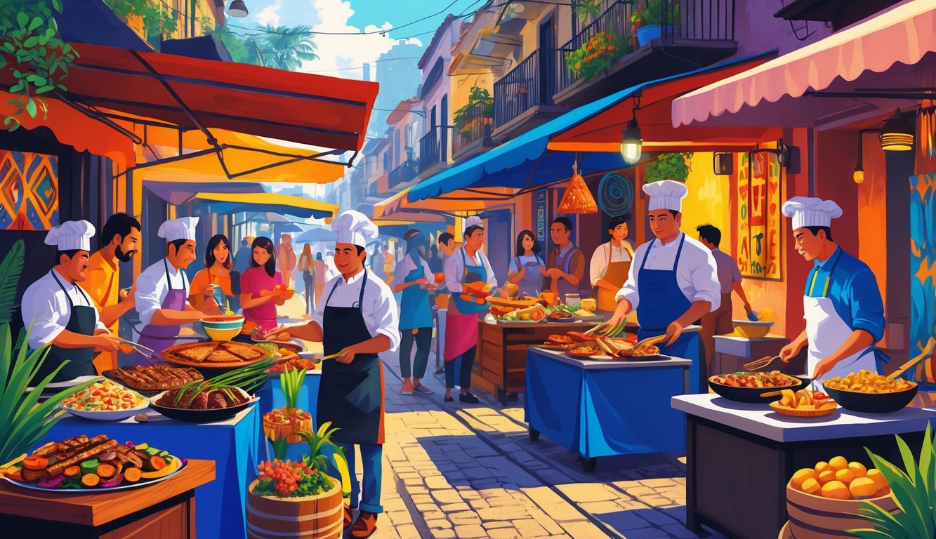 A busy South American street food market with chefs cooking and customers enjoying diverse dishes at colorful food stalls.