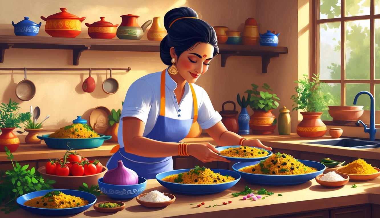 An Indian home cook preparing traditional Indian dishes in a cozy kitchen filled with fresh ingredients and cookware.