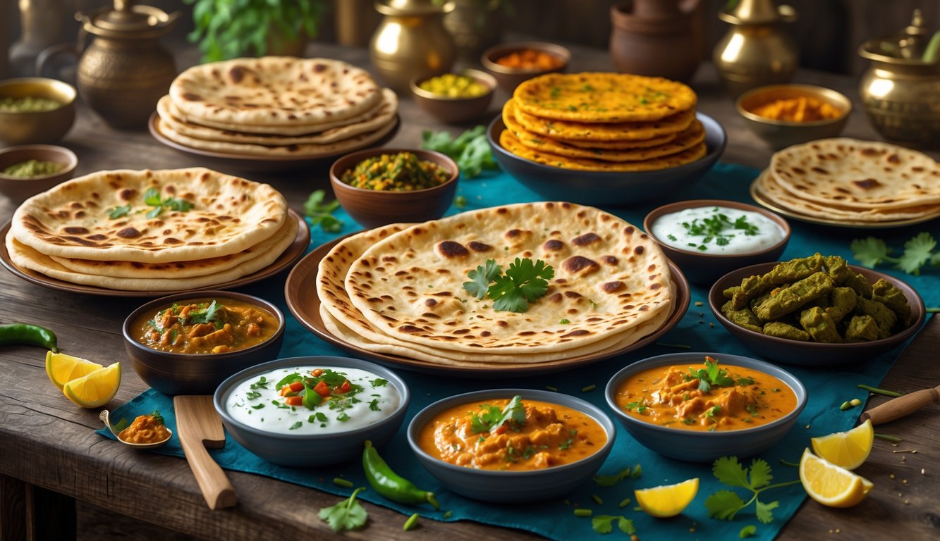 A table set with various Indian breads like naan and roti, surrounded by bowls of chutneys, pickles, yogurt, and curry dishes with fresh herbs and spices.