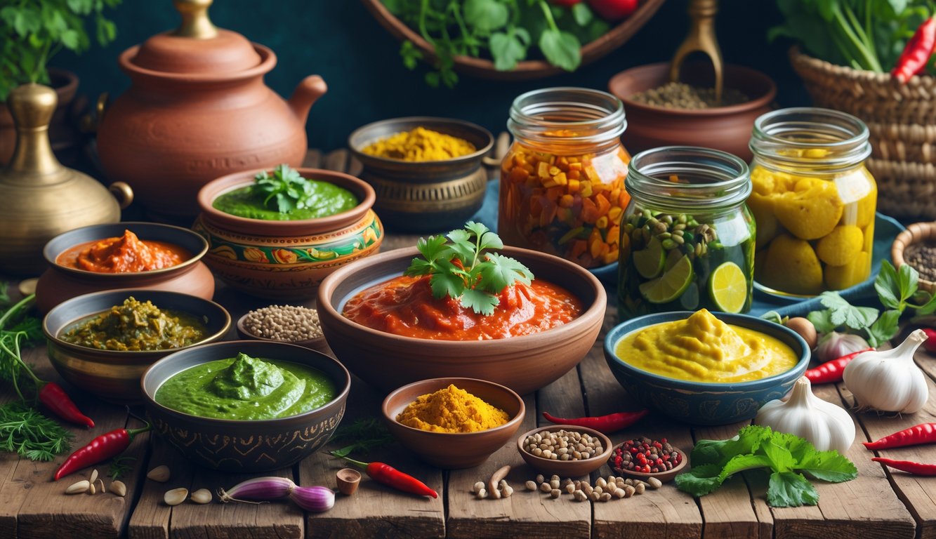 A variety of Indian chutneys, pickles, and condiments arranged on a wooden table with fresh spices and ingredients, set in a cozy kitchen environment.
