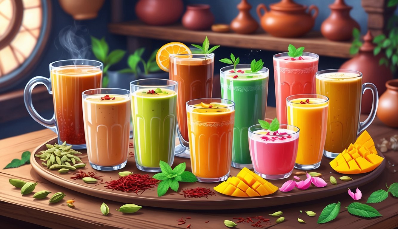 A table with various traditional Indian drinks and fresh ingredients arranged in a warm kitchen setting.