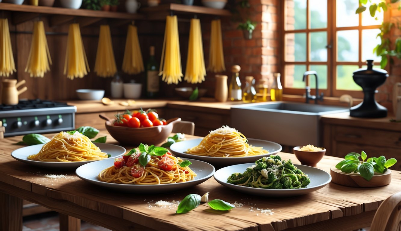 A rustic Italian kitchen table displaying several traditional pasta dishes with fresh ingredients and kitchen tools in the background.