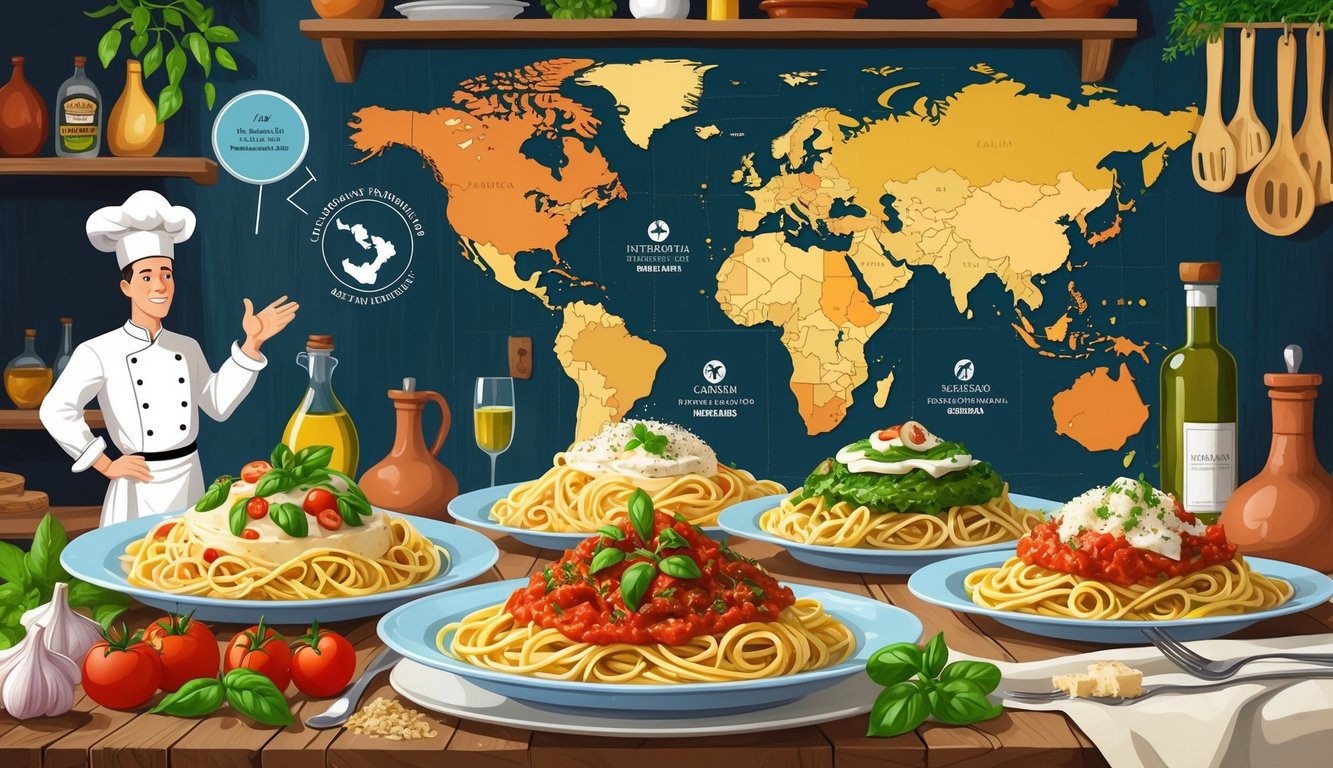 An Italian kitchen table displaying various pasta dishes with different sauces, with an Italian chef looking thoughtfully nearby and traditional kitchen items in the background.