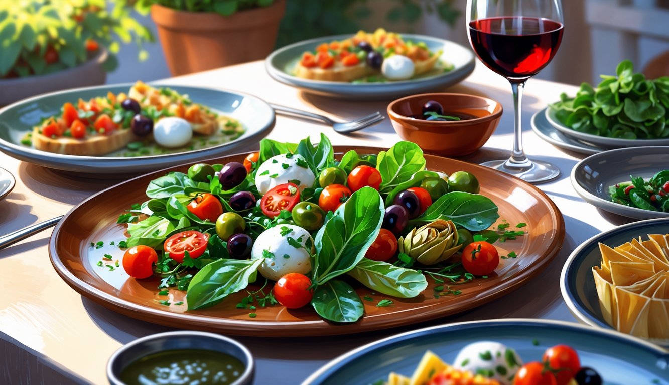 A table set with various Italian salads, sides, and starters featuring fresh vegetables and antipasti, with empty pasta dishes in the background.