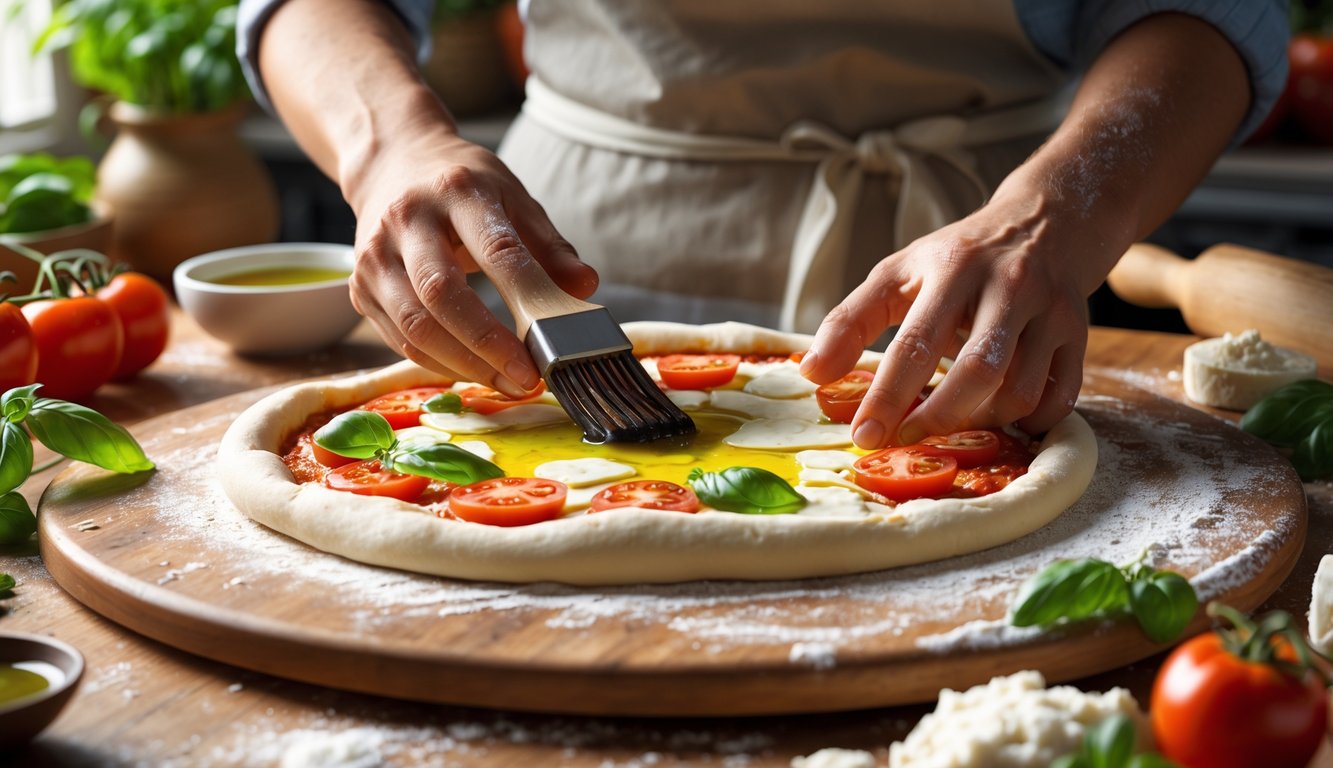 Hands brushing olive oil onto pizza dough on a wooden peel with fresh ingredients nearby in a kitchen.