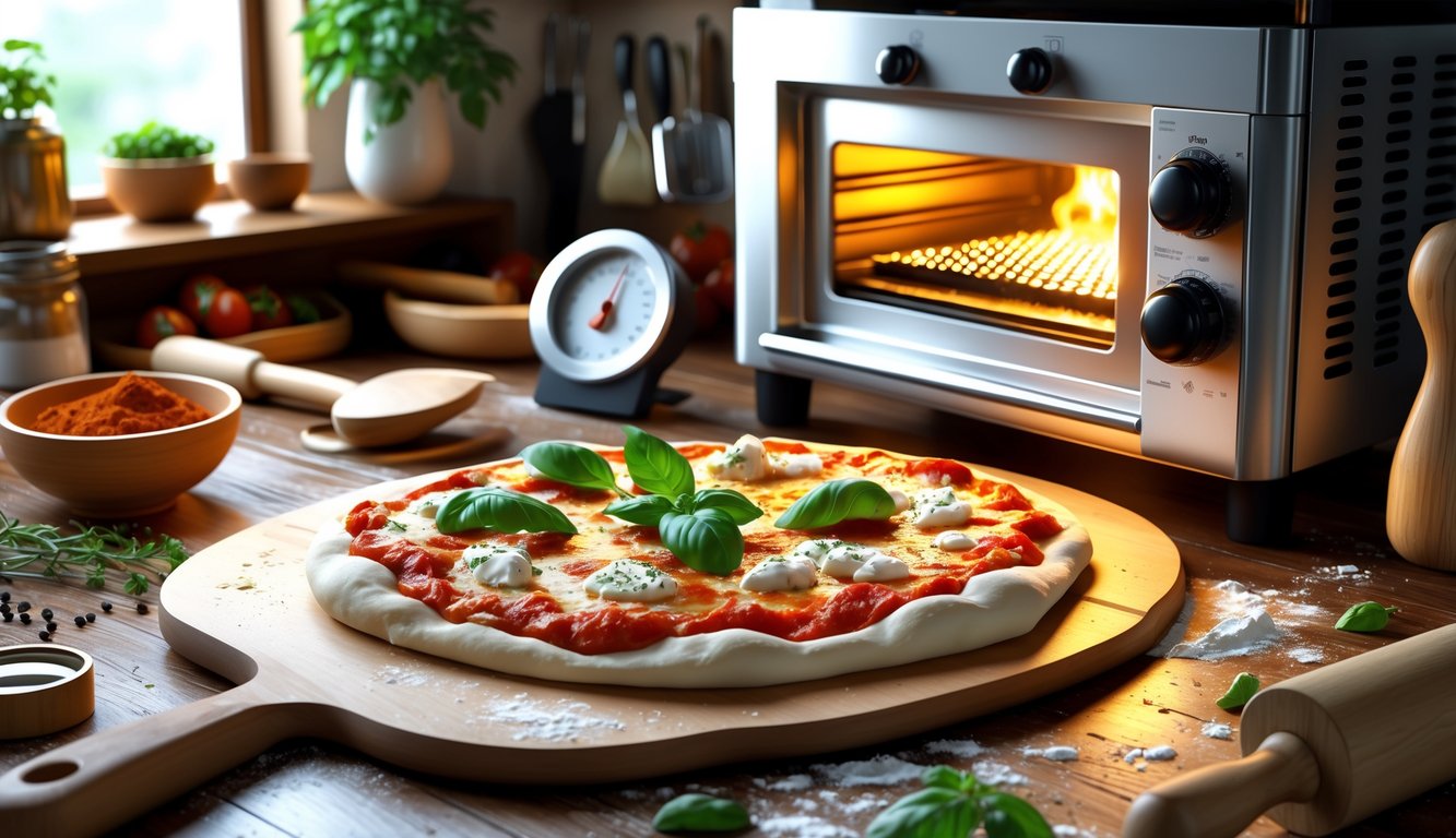A kitchen scene showing a pizza on a wooden peel, an open oven with glowing heating elements, and baking tools like a thermometer, flour, and rolling pin nearby.