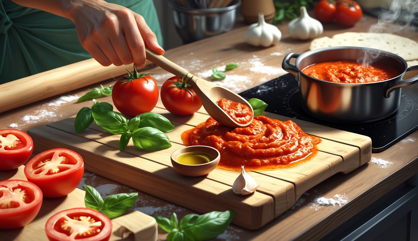 A kitchen countertop with fresh tomatoes, basil, garlic, olive oil, and a pot of simmering tomato sauce being stirred by a hand.