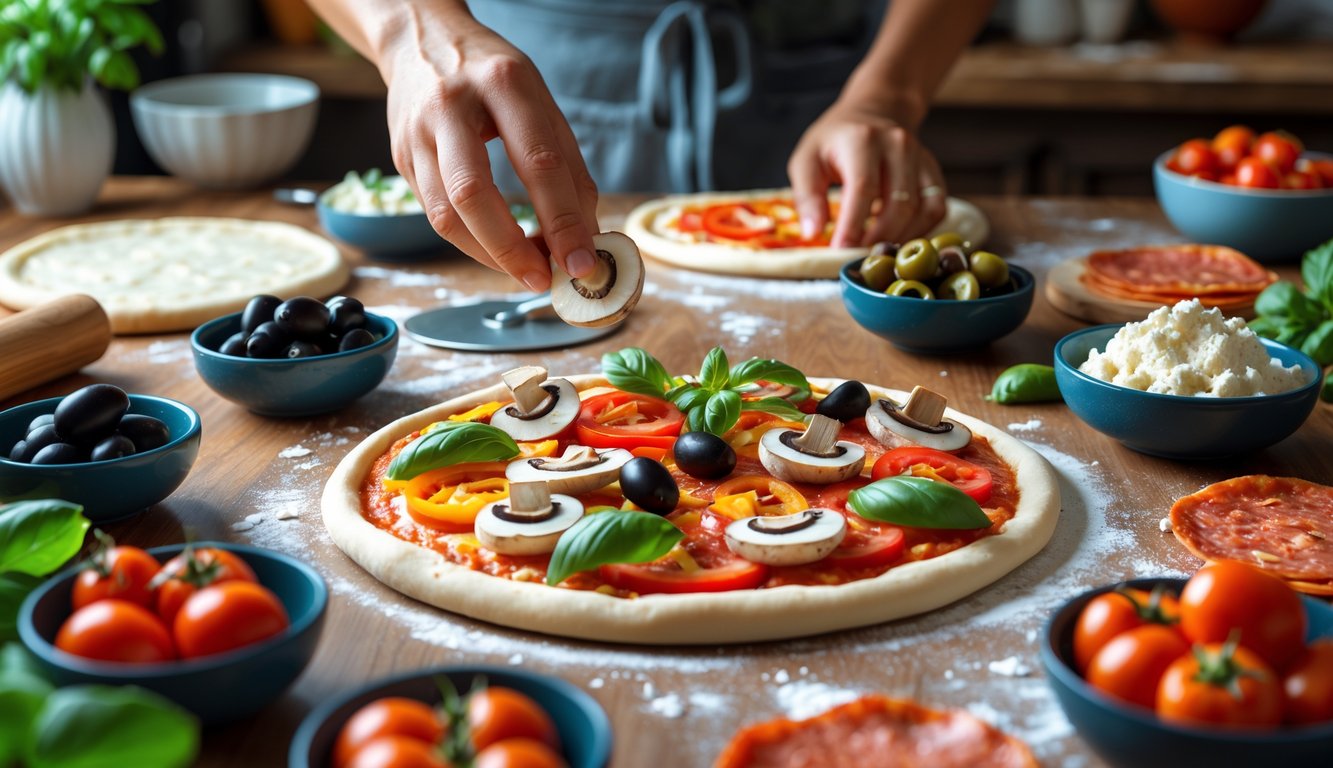 A hand arranging various fresh toppings on a round pizza dough on a wooden countertop surrounded by small bowls of ingredients.
