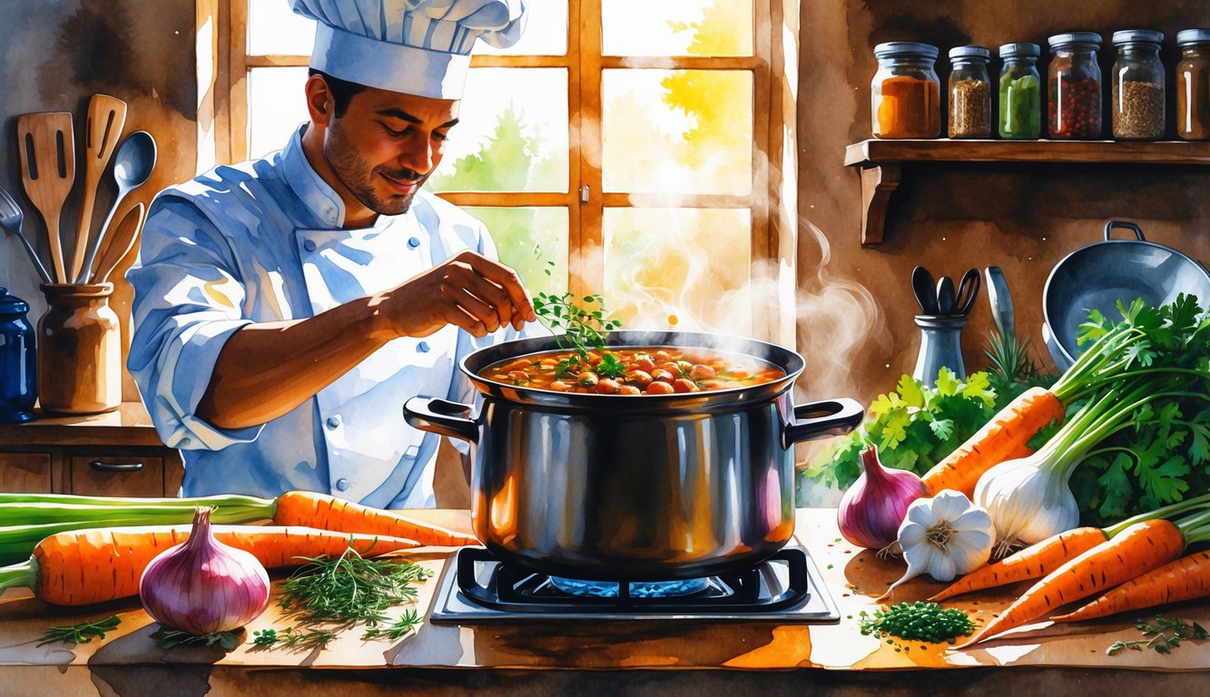 A chef adding fresh herbs to a steaming pot of stew on a kitchen countertop with fresh vegetables and spices nearby.